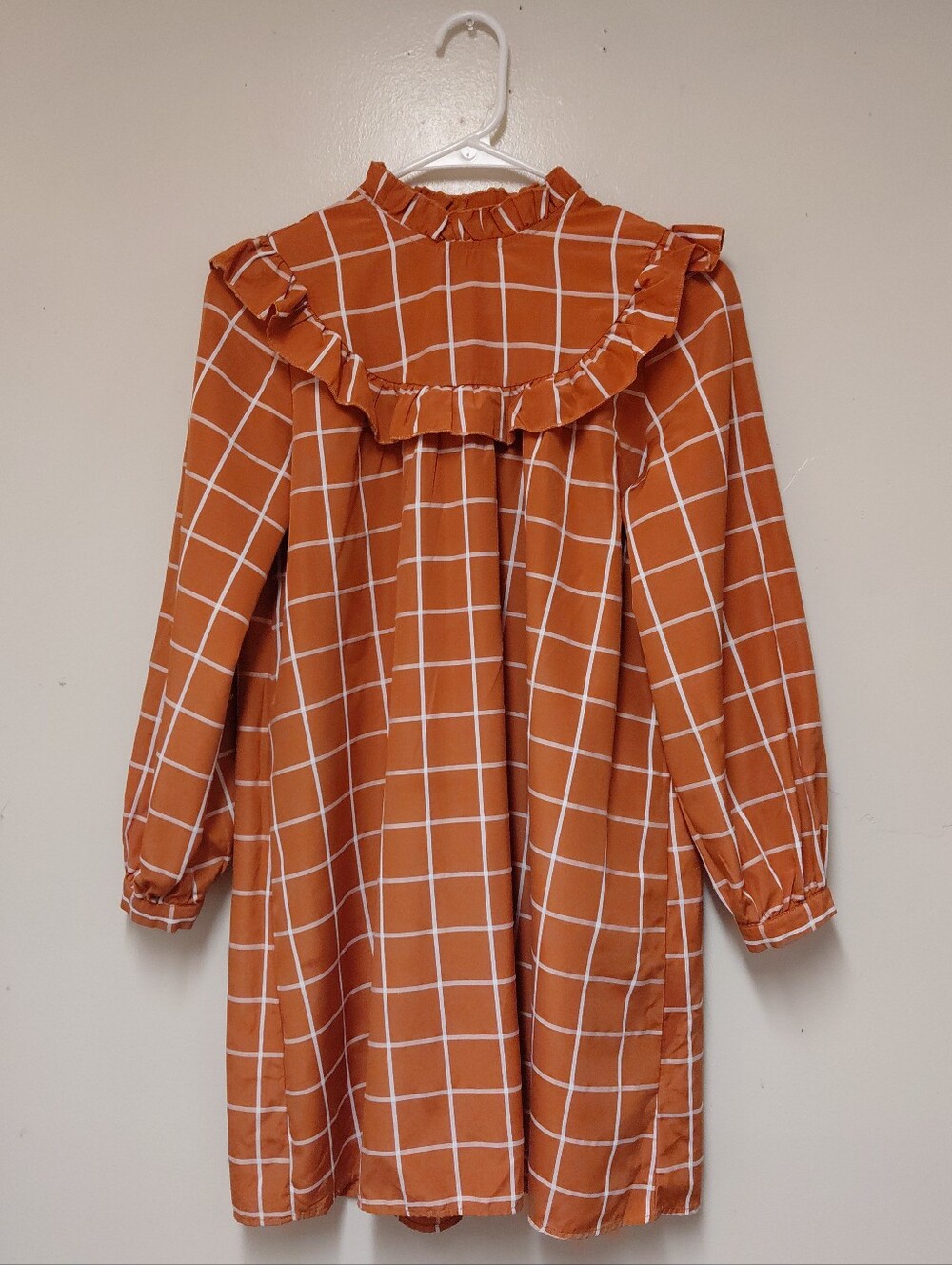 Shein Women's Burnt Orange/ White Grid Print Ruffled Dress